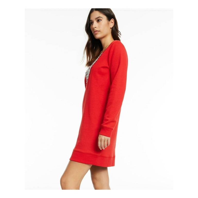 INC Womens Red Embellished Sweatshirt Dress Long Sleeve V Neck