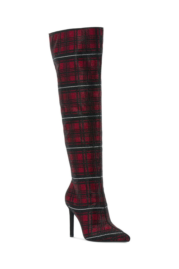 Womens Red Plaid Vented Back Padded Rhinestone Goring Saveria Pointed Toe Stiletto Zip-Up Dress Boots 6.5 M