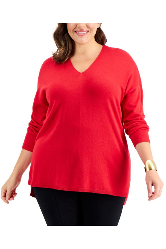 Womens Red Stretch Ribbed Long Sleeve V Neck Wear To Work Sweater Plus 4X