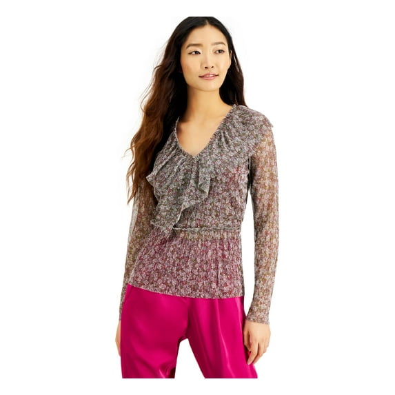 INC Womens Red Textured Ruffled Metallic Threaded Floral Long Sleeve V Neck Wear To Work Blouse L