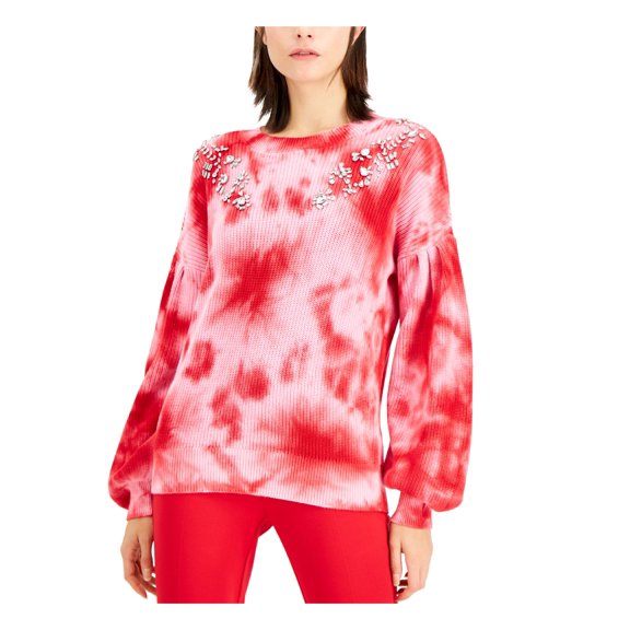 INC Womens Red Tie Dye Long Sleeve Jewel Neck Sweater M