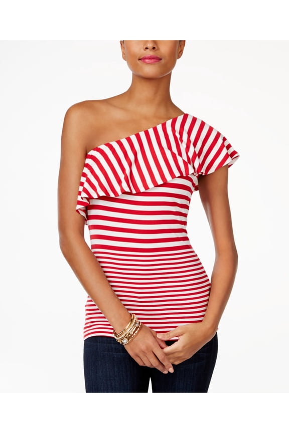 Womens Red White Striped Ruffled Sleeveless Top M