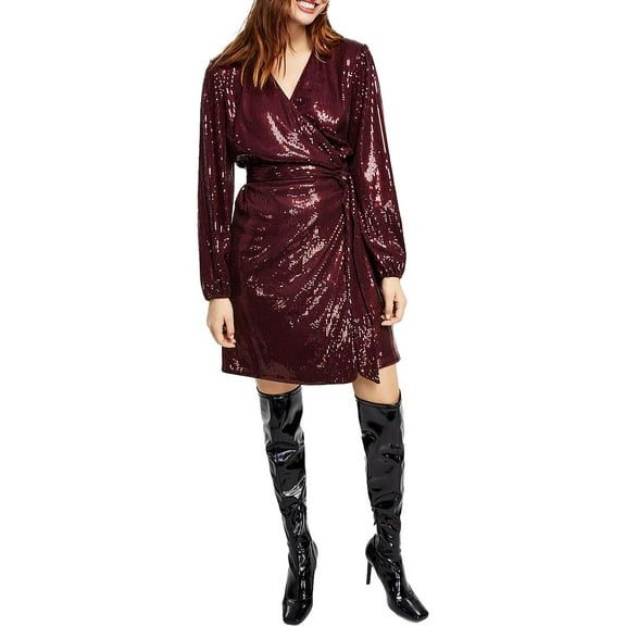 International Concepts Womens Sequin Mini Wrap Dress Port S