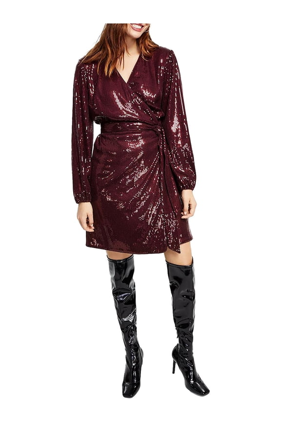 International Concepts Womens Sequin Mini Wrap Dress Port L