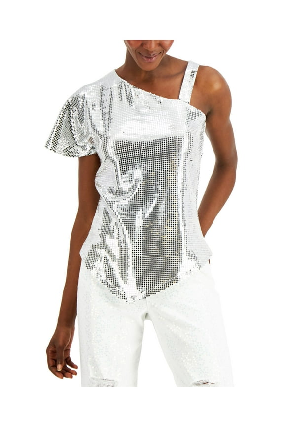 Womens Silver Asymmetrical Neckline Crop Top Party Top Size: XS