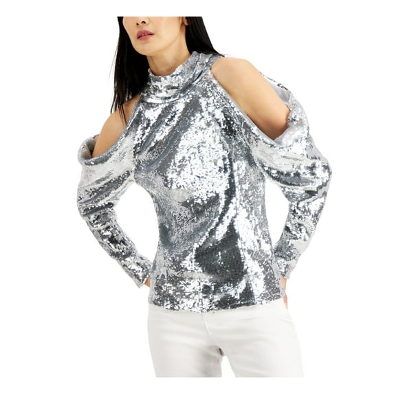 INC Womens Silver Cold Shoulder Sequined Long Sleeve Tie Neck Party Top XS