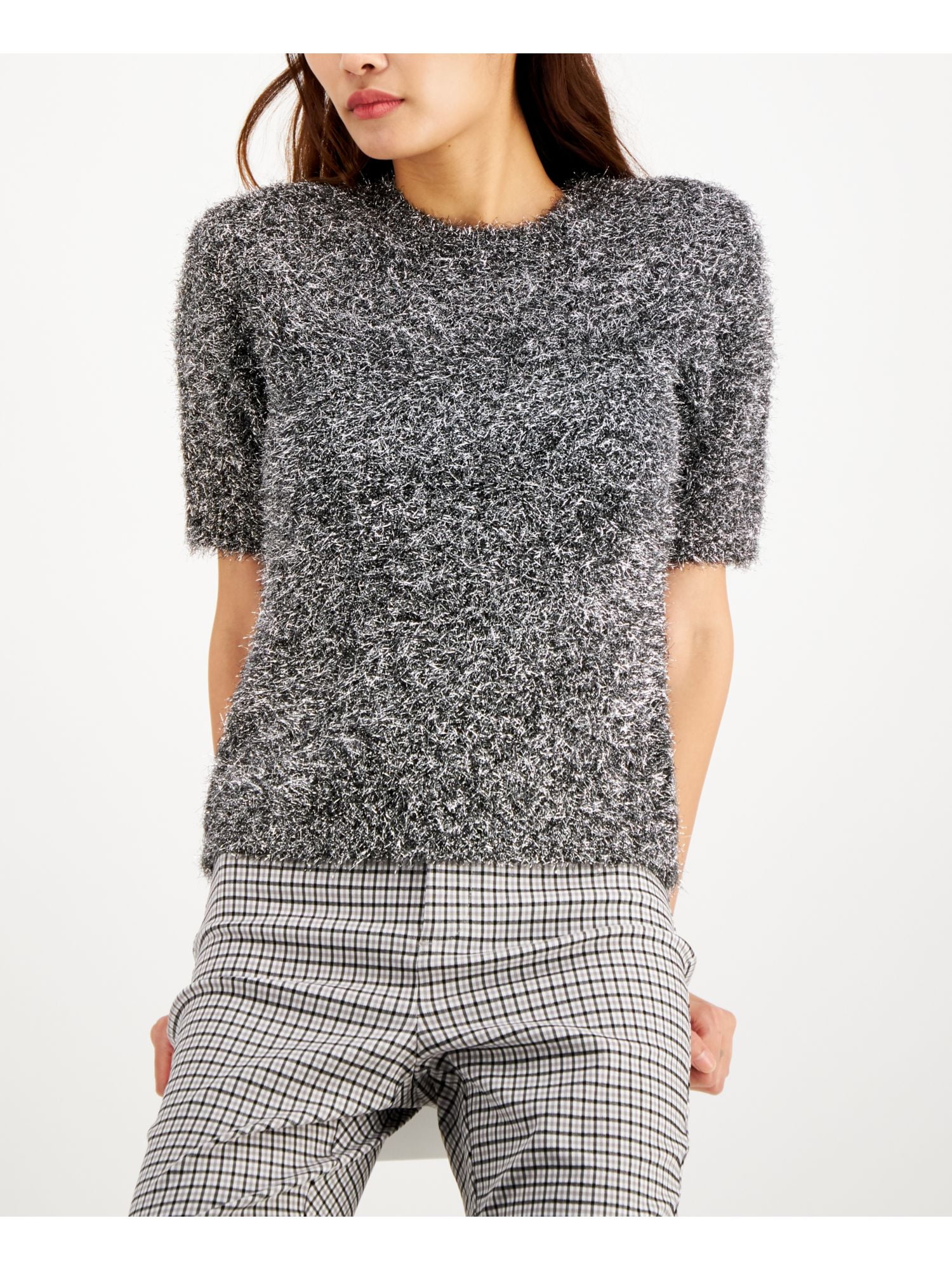 INC Womens Silver Fitted Fuzzy Metallic Short Sleeve Crew Neck