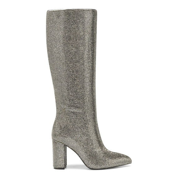 INC Womens Silver Flex Gore Rhinestone Embellished Paiton Pointed Toe Block Heel Zip-Up Boots Shoes 8 M
