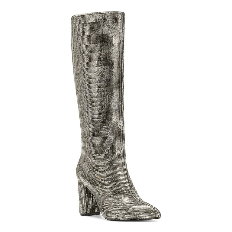 INC Womens Silver Rhinestone Pointed Toe Block Heel Zip Up Heeled