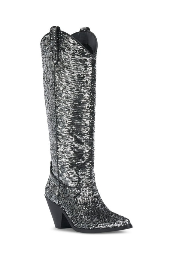 Womens Silver Sequined Zipper Accent Ipiriah Round Toe Stacked Heel Western Boot 7 M
