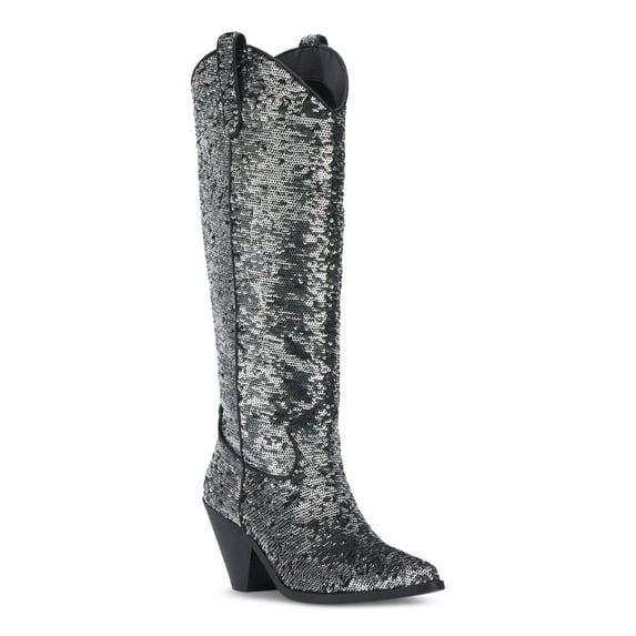 INC Womens Silver Sequined Zipper Accent Ipiriah Round Toe Stacked Heel Western Boot 7 M