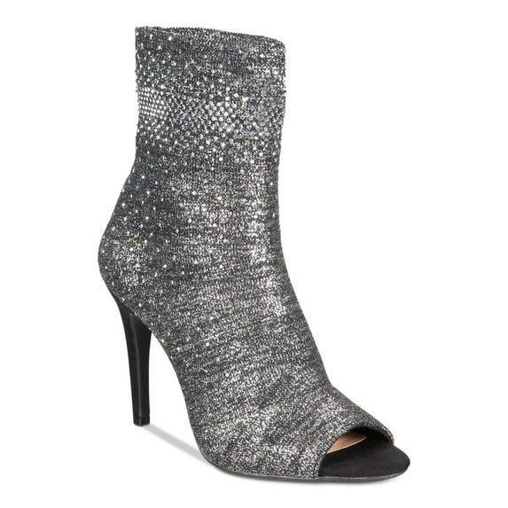INC Womens Silver Stretchy Metallic Rhinestone Embellished Rielee Almond Toe Stiletto Slip On Booties 6.5 M
