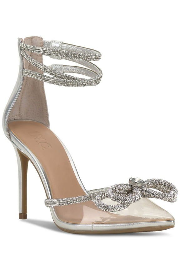 Womens Silver Translucent Ankle Straps Padded Embellished Bow Accent Laynea Pointed Toe Stiletto Zip-Up Dress Pumps Shoes 10.5 M