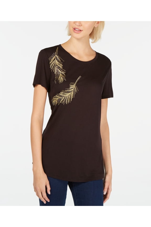 Womens T-Shirt Small Studded Logo-Embroidered Tee Black S