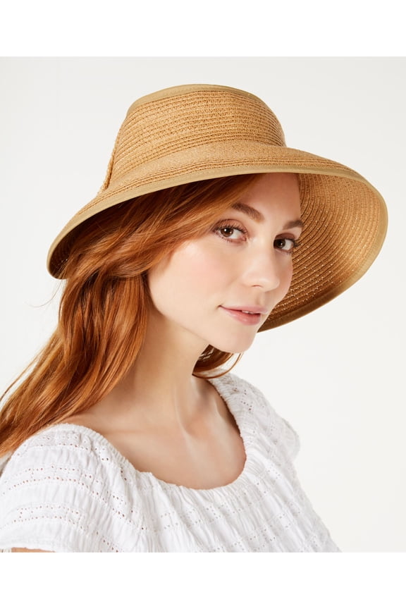 Womens Tan Straw Bow Roll Up Visor Hat