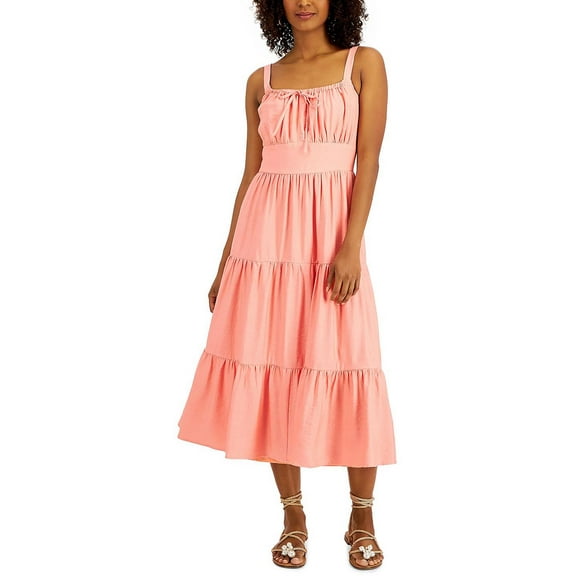 INC International Concepts Womens Tiered Midi Dress Coral Punch 14