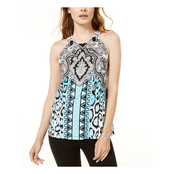 INC Womens Turquoise Printed Sleeveless Halter Tank Party Top Size: XL