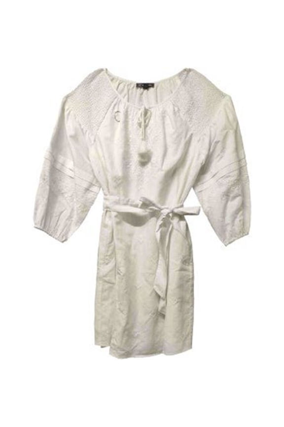 Womens White Belted Pocketed Patterned Bell Sleeve Tie Neck Above The Knee Fit + Flare Dress S
