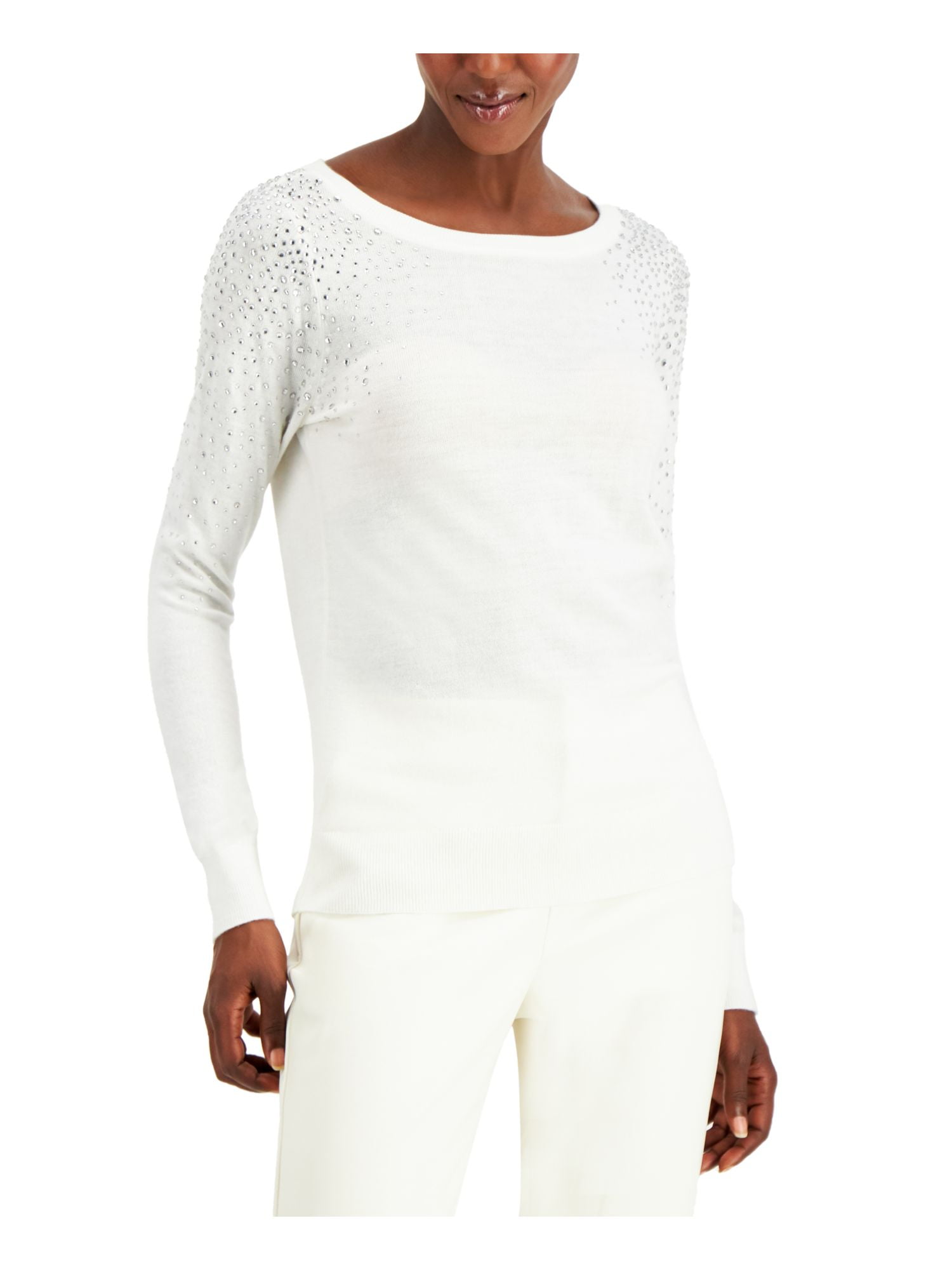 INC Womens White Embellished Rhinestone Long Sleeve Crew Neck Sweater Size M Walmart