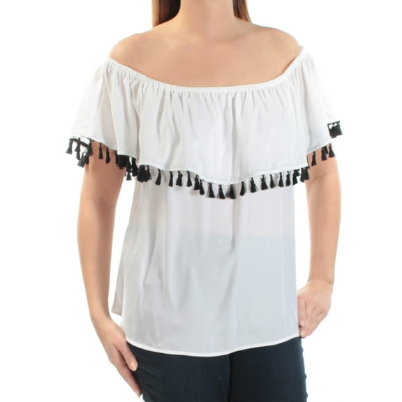 INC Womens White Frayed Cape Style Overlay Off Shoulder Top Size: L