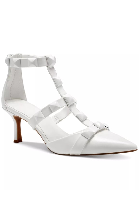 Womens White Mixed Media Pyramid Studs Goring Padded Gilana Pointed Toe Kitten Heel Zip-Up Dress Heeled Sandal 10 M