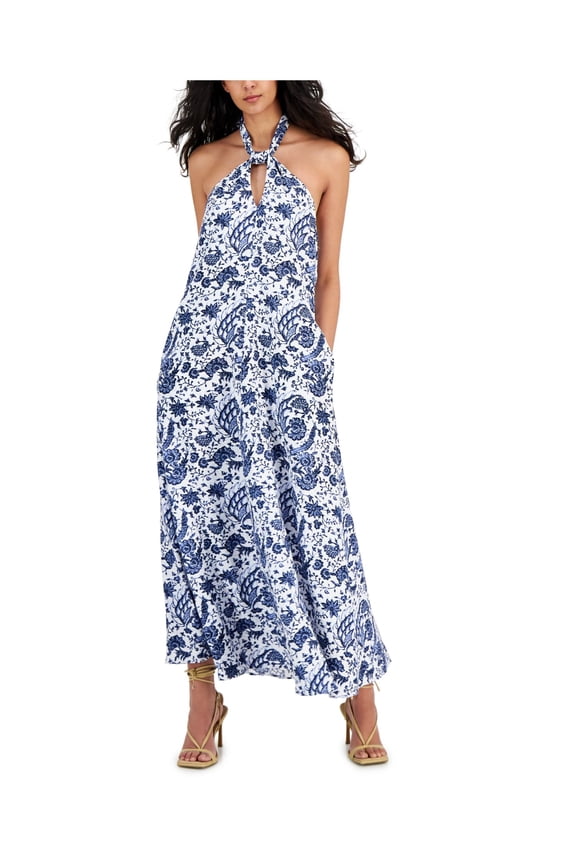 Womens White Pocketed Unlined Tie Cutout Floral Sleeveless Halter Maxi Fit + Flare Dress L