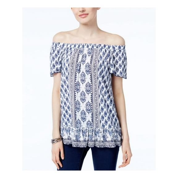 INC Womens White Printed Short Sleeve Off Shoulder Top Size: XL