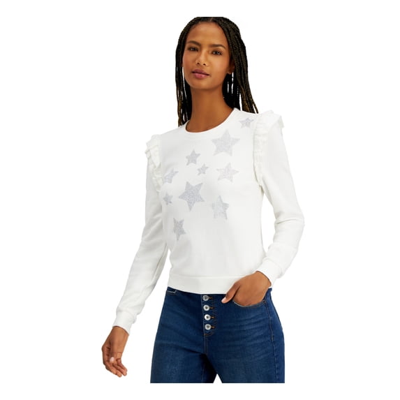 INC Womens White Ruffled Embellished Stars Printed Long Sleeve Top XL