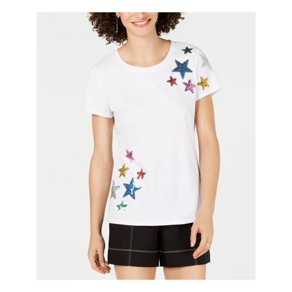 INC Womens White Sequined Short Sleeve Crew Neck T-Shirt Top  Size L