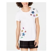 INC Womens White Sequined Short Sleeve Crew Neck T-Shirt Top Size L