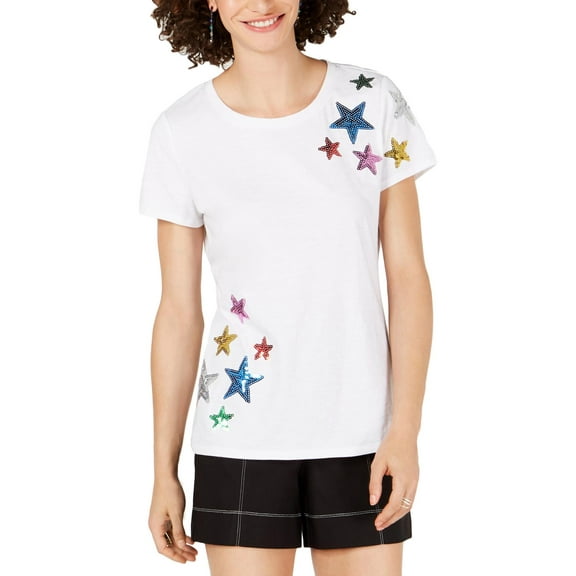 INC Womens White Sequined Stars Short Sleeve Crew Neck T-Shirt Size: S