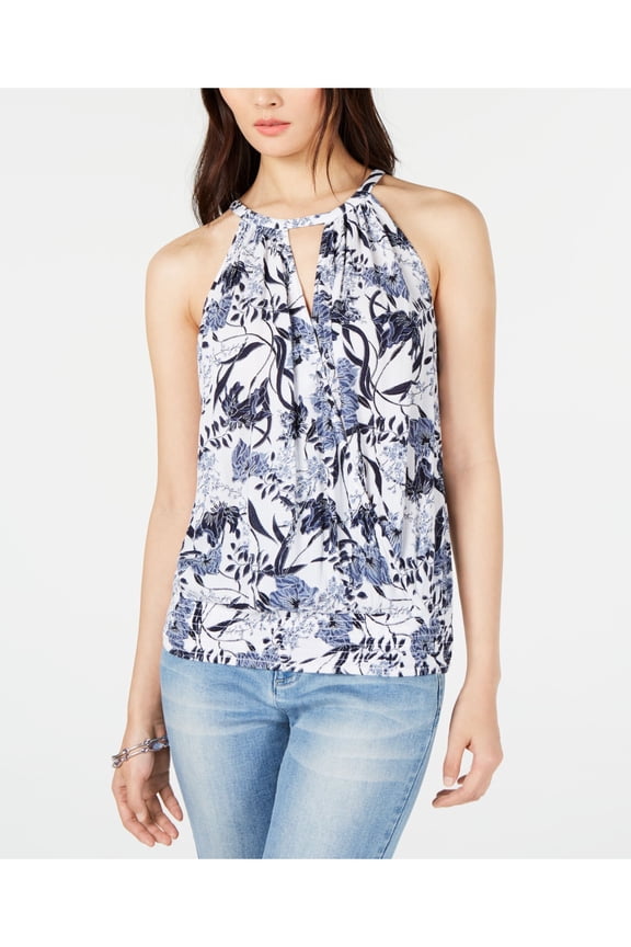 Womens White Smocked Keyhole Floral Sleeveless Halter Top Size: XL