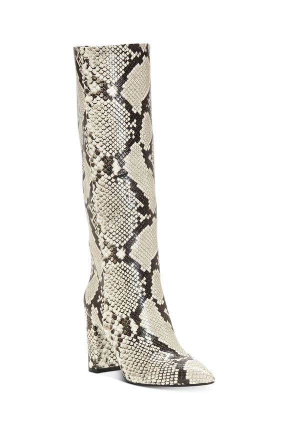 Womens Beige Animal Print Pointed Toe Block Heel Zip-Up Dress Boots 7.5