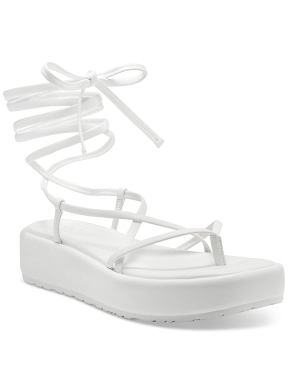 Womens White Strappy Padded Rexile Square Toe Wedge Lace-Up Thong Sandals Shoes 10 M