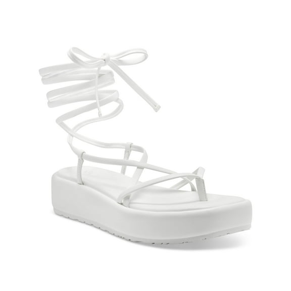 INC Womens White Strappy Padded Rexile Square Toe Wedge Lace-Up Thong Sandals Shoes 8 M