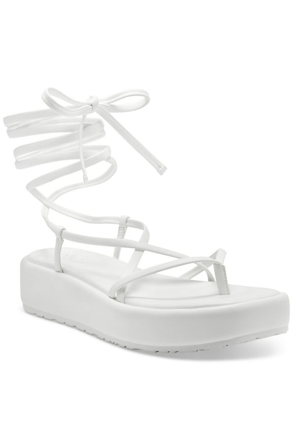 Womens White Strappy Padded Rexile Square Toe Wedge Lace-Up Thong Sandals Shoes 9 M