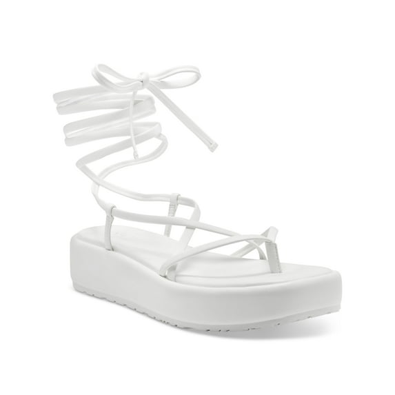 INC Womens White Strappy Padded Rexile Square Toe Wedge Lace-Up Thong Sandals Shoes 9 M