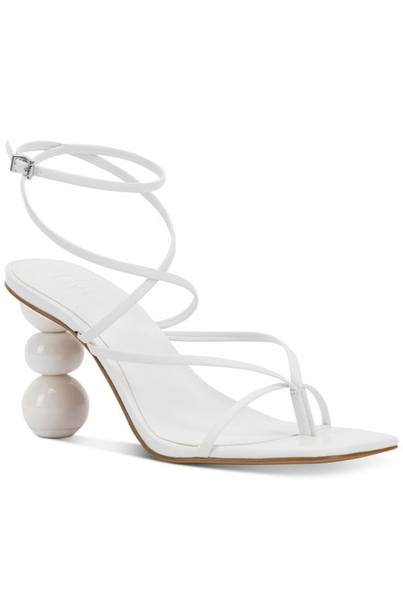 Womens White Strappy Stacked Sphere Metallic Accent Heel Padded Ankle Strap Lilliana Square Toe Sculpted Heel Buckle Heeled Sandal 11 M