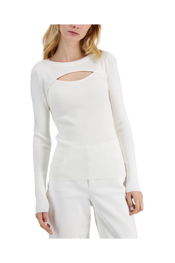 Womens White Stretch Ribbed Long Sleeve Round Neck Top XL