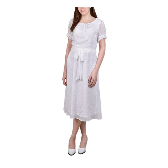 INC Womens White Zippered Belted Ruffled Sheer Lined Short Sleeve Round Neck Midi Formal Sheath Dress Petites PM