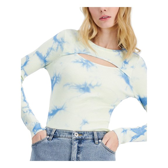 INC Womens Yellow Stretch Cut Out Ribbed Printed Long Sleeve Jewel Neck Sweater M