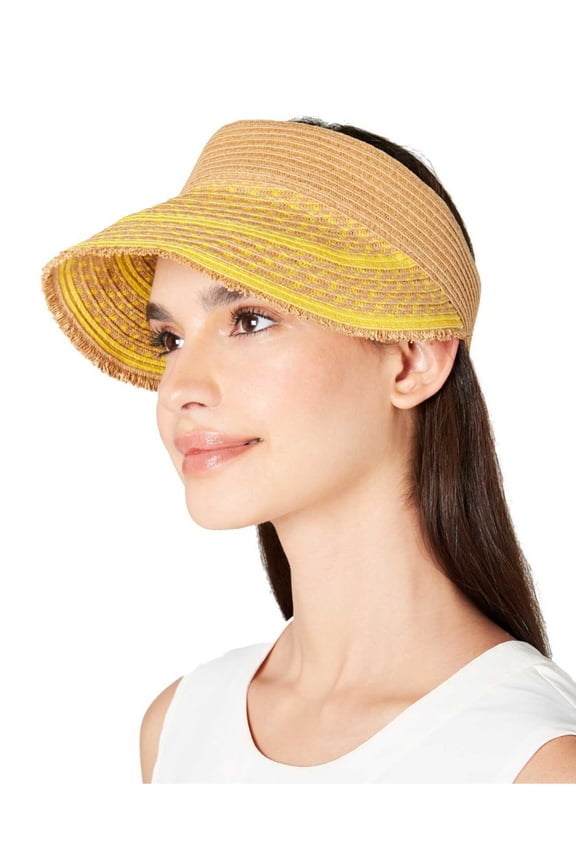 Womens Yellow Striped Straw Elastic Frayed Edge Visor Hat