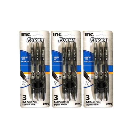 INC forma Retractable Pen with Comfort Grip, Medium Point, 10 mm, Black Ink, 9 Count, 3 Pack