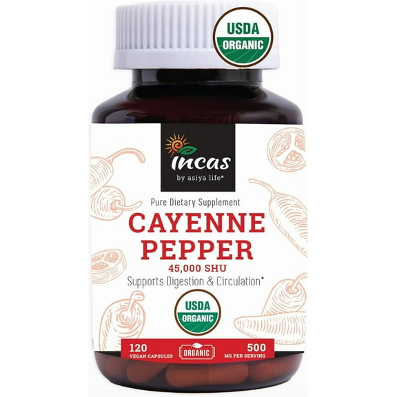 INCAS 100% USDA Organic Cayenne Pepper 120 Capsules (500mg) 45,000 SHU Digestion & Circulation Support | 120 Servings