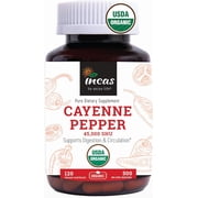 INCAS 100% USDA Organic Cayenne Pepper 120 Capsules 500mg 45,000 SHU Digestion & Circulation Support | 120 Servings