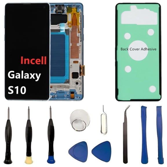 INCELL for Samsung Galaxy S10 Screen Replacement S10 LCD Display SM-G973U SM-G973U1 Display Touch Screen Assembly No Fingerprint. (with Blue Frame+Back Cover Adhesive+Tools)