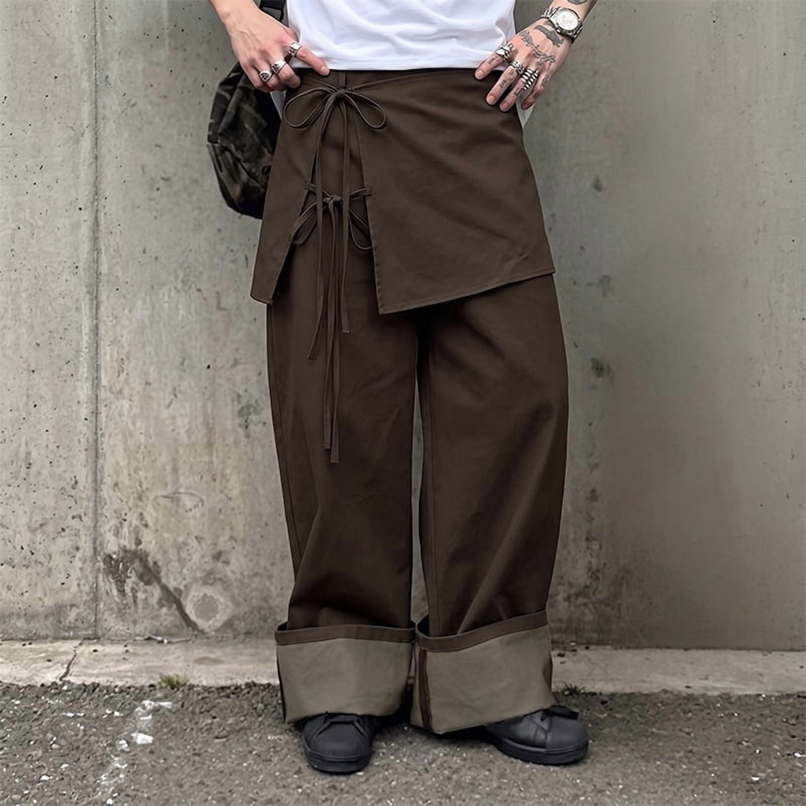 INCERUN Men Irregular Pants Patchwork Lace Up Joggers Casual Wide Leg ...