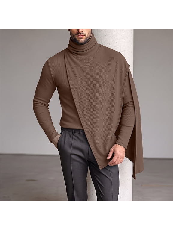 Men Pullover Autumn T-Shirts Long Sleeve Tops Solid Color Turtleneck Tee Asymmetric T Shirts
