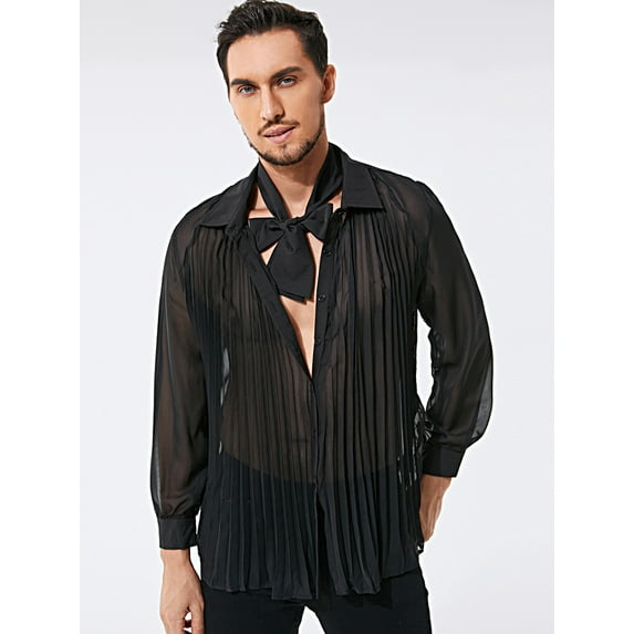 INCERUN Men's Black Transparent Long Sleeve Lapel Mesh Shirt with Tie Clubwear