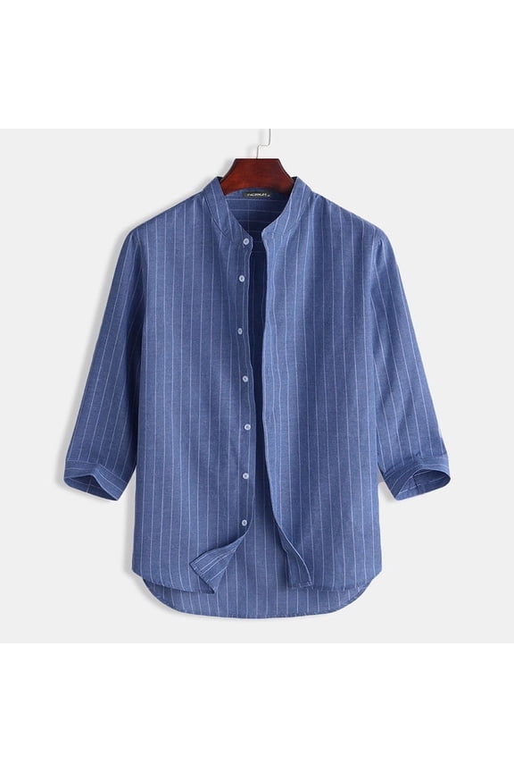 Men's Collarless Striped 3/4 Sleeve Casual Button Shirts Tops